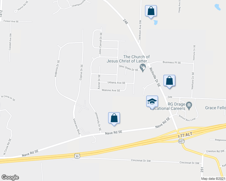 map of restaurants, bars, coffee shops, grocery stores, and more near 2399 Malone Avenue Southeast in Massillon