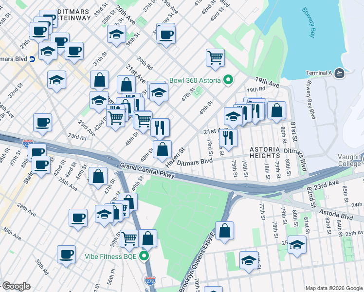 map of restaurants, bars, coffee shops, grocery stores, and more near 21-50 Hazen Street in Queens