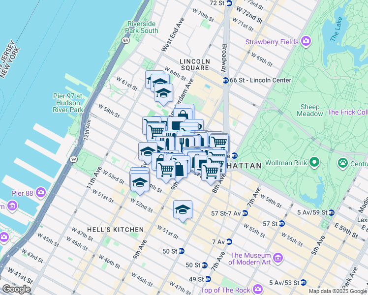 map of restaurants, bars, coffee shops, grocery stores, and more near 400 West 59th Street in New York