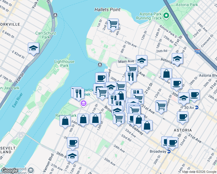 map of restaurants, bars, coffee shops, grocery stores, and more near 11-21 31st Drive in Queens
