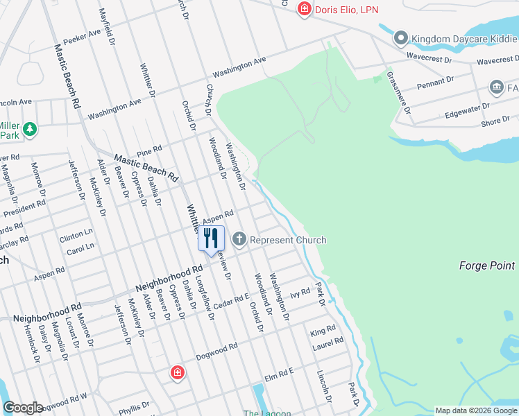 map of restaurants, bars, coffee shops, grocery stores, and more near in Mastic Beach