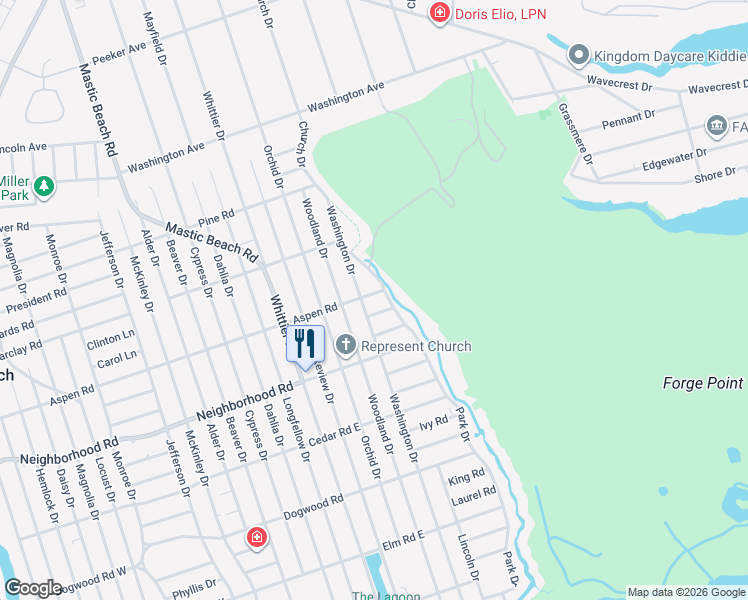 map of restaurants, bars, coffee shops, grocery stores, and more near in Mastic Beach