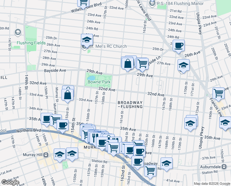 map of restaurants, bars, coffee shops, grocery stores, and more near 32-31 160th Street in Queens