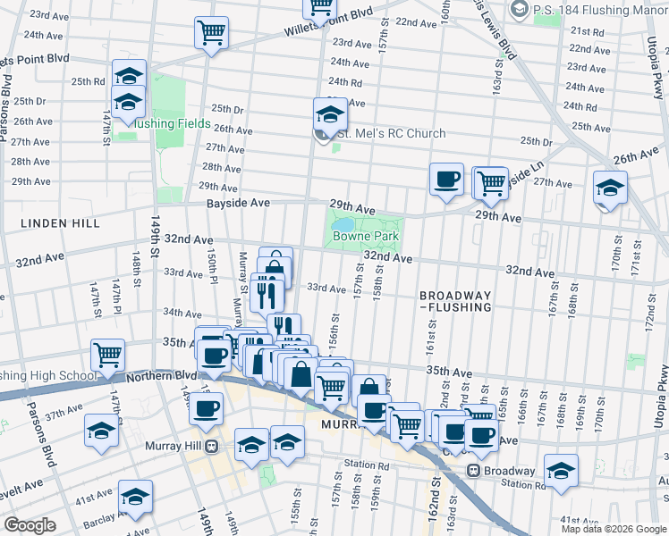 map of restaurants, bars, coffee shops, grocery stores, and more near 155-08 33rd Avenue in Queens