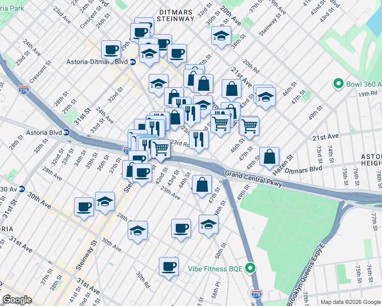 map of restaurants, bars, coffee shops, grocery stores, and more near 44-20 Astoria Boulevard South in Queens