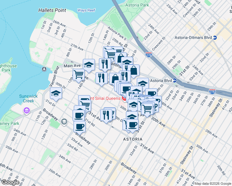 map of restaurants, bars, coffee shops, grocery stores, and more near 23-19 30th Avenue in Queens