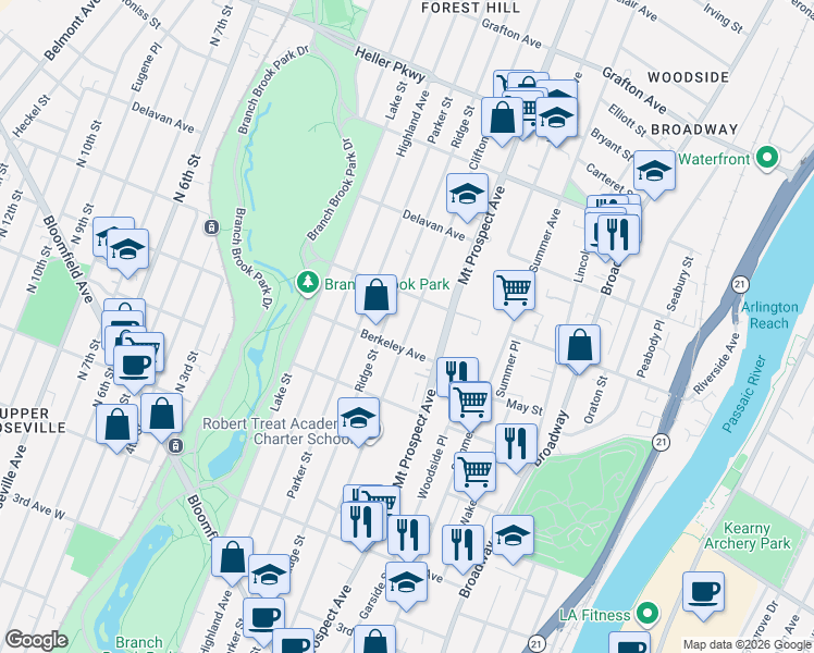 map of restaurants, bars, coffee shops, grocery stores, and more near 25 Berkeley Avenue in Newark