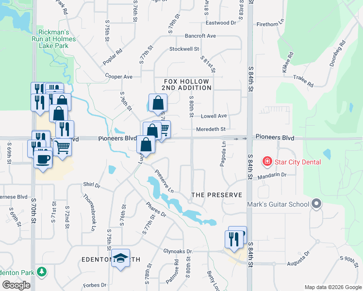 map of restaurants, bars, coffee shops, grocery stores, and more near 4401 South 80th Street in Lincoln