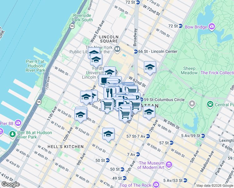 map of restaurants, bars, coffee shops, grocery stores, and more near 9th Avenue in New York