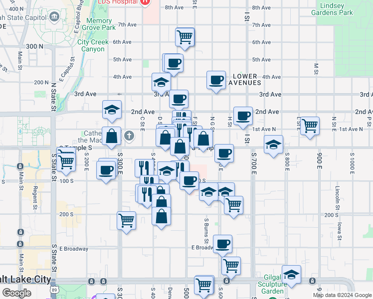 map of restaurants, bars, coffee shops, grocery stores, and more near 4 South 500 East in Salt Lake City