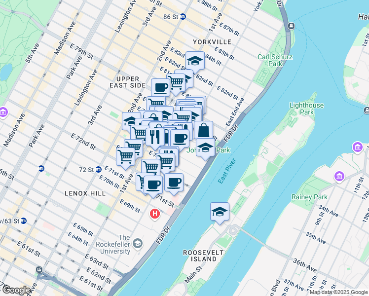 map of restaurants, bars, coffee shops, grocery stores, and more near 500 East 76th Street in New York