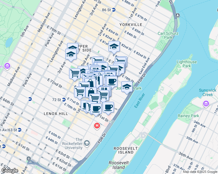 map of restaurants, bars, coffee shops, grocery stores, and more near 1425 York Avenue in New York
