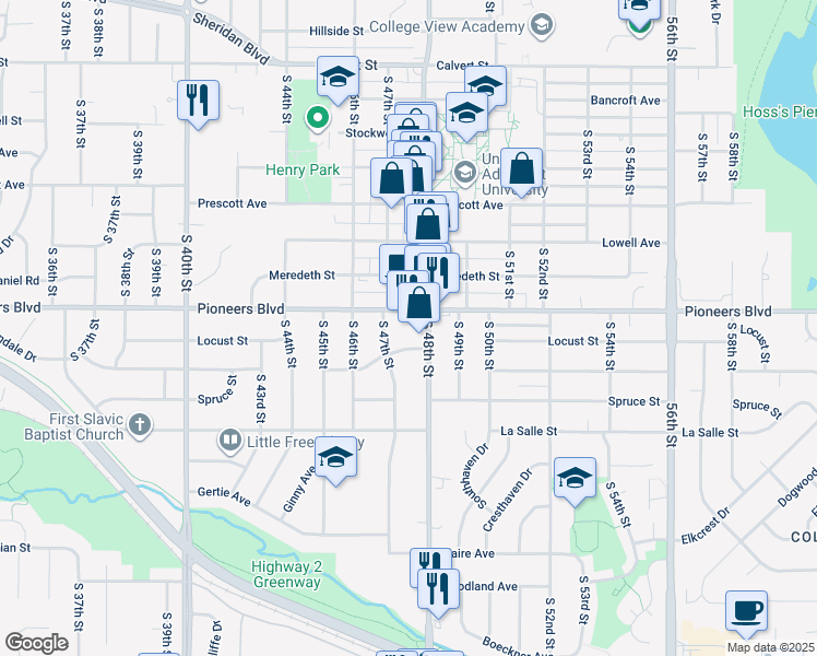 map of restaurants, bars, coffee shops, grocery stores, and more near 4747 Linden Street in Lincoln