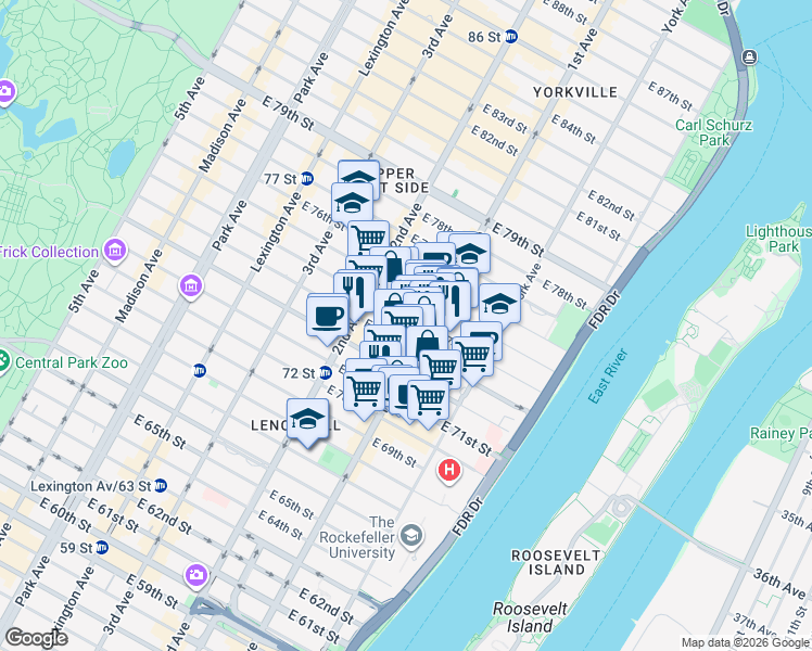 map of restaurants, bars, coffee shops, grocery stores, and more near 340 East 74th Street in New York