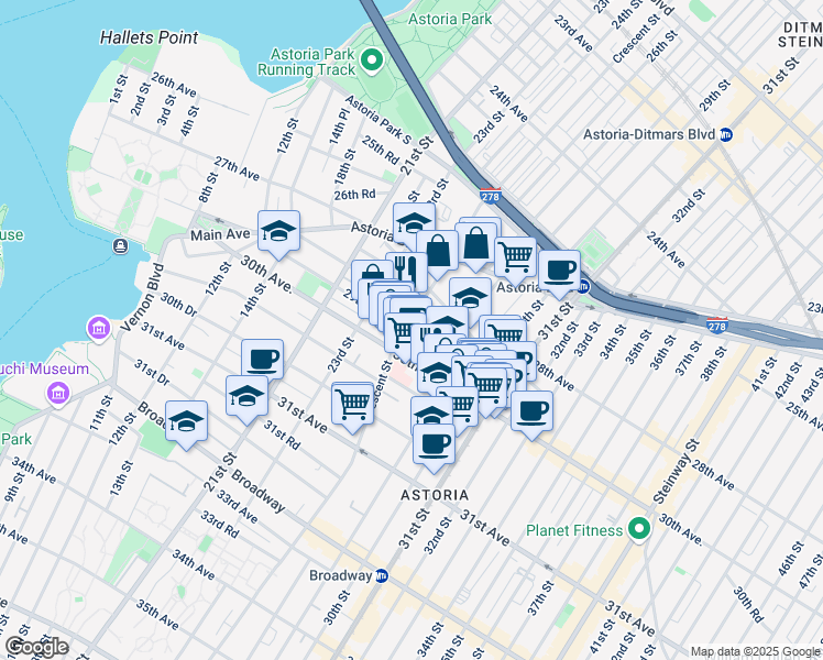 map of restaurants, bars, coffee shops, grocery stores, and more near 25-13 30th Avenue in Queens