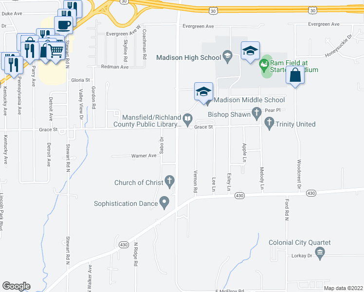 map of restaurants, bars, coffee shops, grocery stores, and more near 406 North McElroy Road in Mansfield