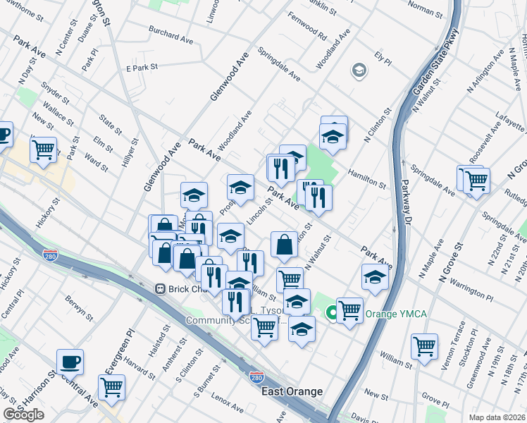 map of restaurants, bars, coffee shops, grocery stores, and more near 122 Summit Street in East Orange