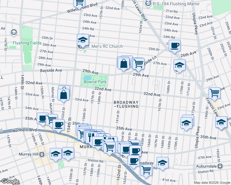 map of restaurants, bars, coffee shops, grocery stores, and more near 32-31 160th Street in Queens