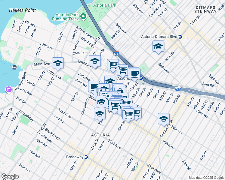 map of restaurants, bars, coffee shops, grocery stores, and more near 29-28 Newtown Avenue in Queens