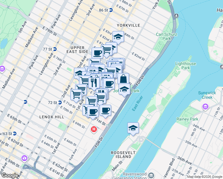map of restaurants, bars, coffee shops, grocery stores, and more near 507 East 75th Street in New York