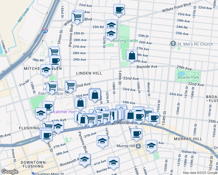 map of restaurants, bars, coffee shops, grocery stores, and more near 32-25 147th Place in Queens