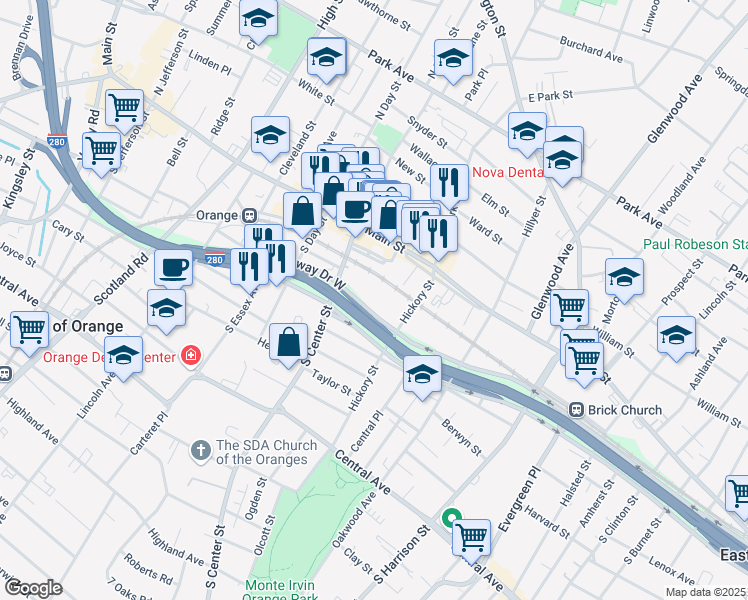 map of restaurants, bars, coffee shops, grocery stores, and more near 50 South Center Street in City of Orange