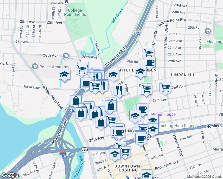 map of restaurants, bars, coffee shops, grocery stores, and more near 31-21 Farrington Street in Queens