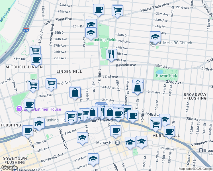 map of restaurants, bars, coffee shops, grocery stores, and more near 149-23 33rd Avenue in Queens