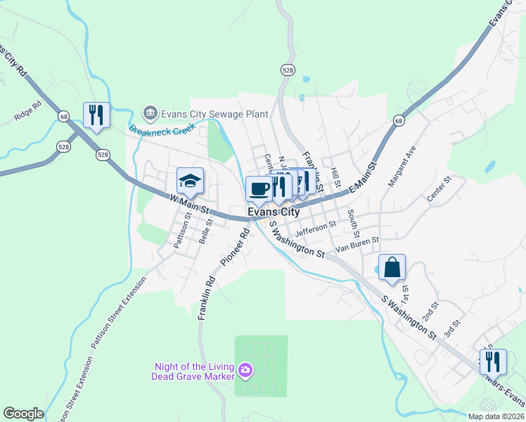 map of restaurants, bars, coffee shops, grocery stores, and more near 125 East Main Street in Evans City