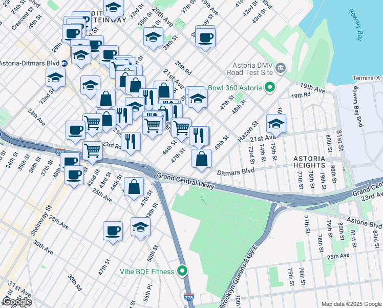 map of restaurants, bars, coffee shops, grocery stores, and more near 47-18 Ditmars Boulevard in Queens