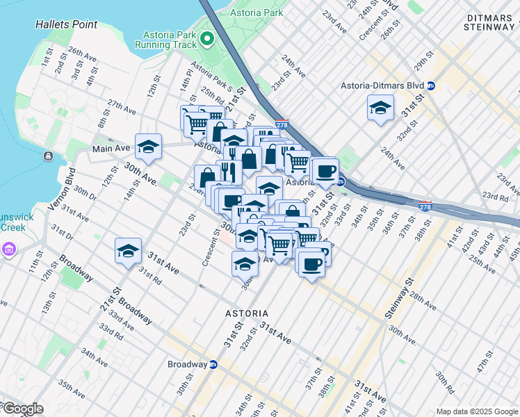 map of restaurants, bars, coffee shops, grocery stores, and more near 2525 Newtown Avenue in Queens