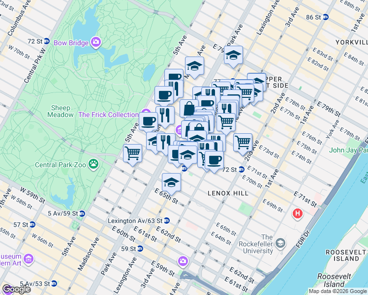 map of restaurants, bars, coffee shops, grocery stores, and more near in New York