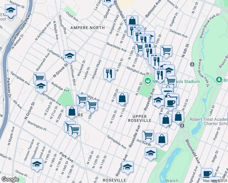 map of restaurants, bars, coffee shops, grocery stores, and more near 411 North 13th Street in Newark