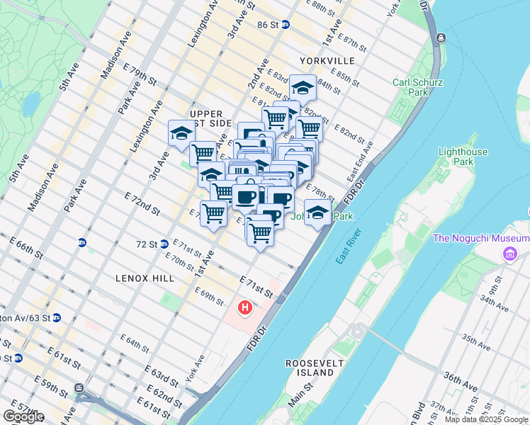 map of restaurants, bars, coffee shops, grocery stores, and more near 433 East 75th Street in New York