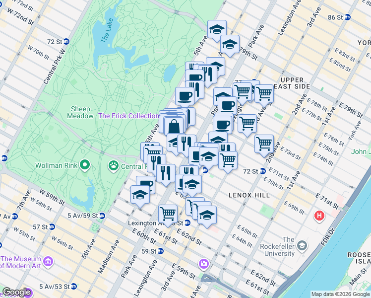 map of restaurants, bars, coffee shops, grocery stores, and more near in New York