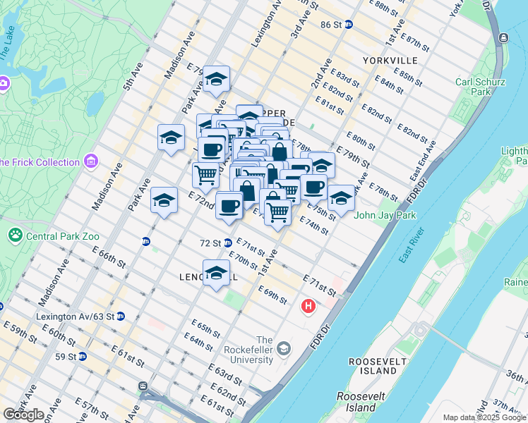 map of restaurants, bars, coffee shops, grocery stores, and more near 313 East 73rd Street in New York