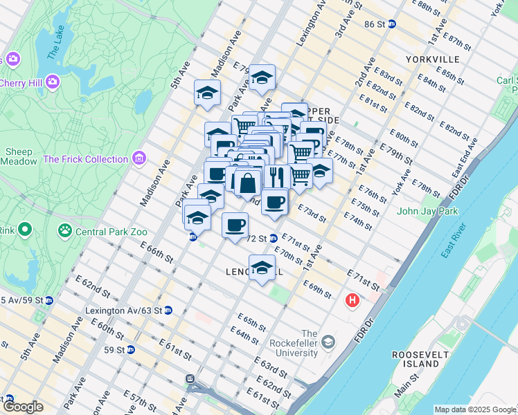 map of restaurants, bars, coffee shops, grocery stores, and more near 210 East 72nd Street in New York