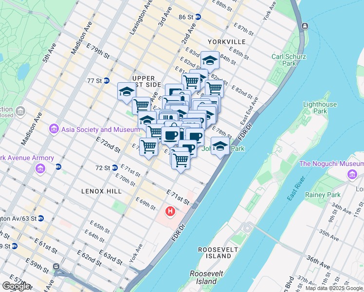 map of restaurants, bars, coffee shops, grocery stores, and more near 429 East 75th Street in New York