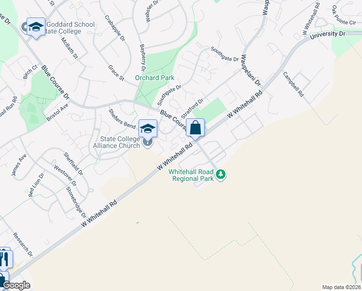 map of restaurants, bars, coffee shops, grocery stores, and more near 1736 Blue Course Drive in State College