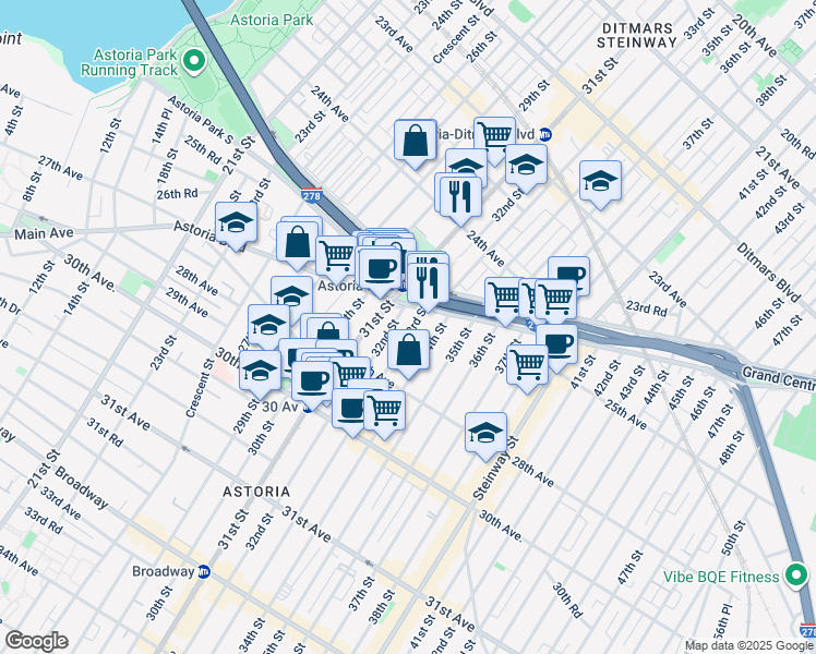 map of restaurants, bars, coffee shops, grocery stores, and more near 25-22 33rd Street in Queens
