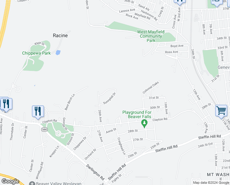 map of restaurants, bars, coffee shops, grocery stores, and more near 120 Sunnyhill Drive in Beaver Falls