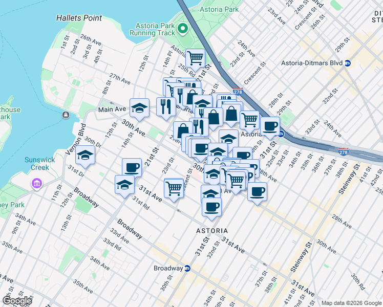 map of restaurants, bars, coffee shops, grocery stores, and more near 28-14 Crescent Street in Queens