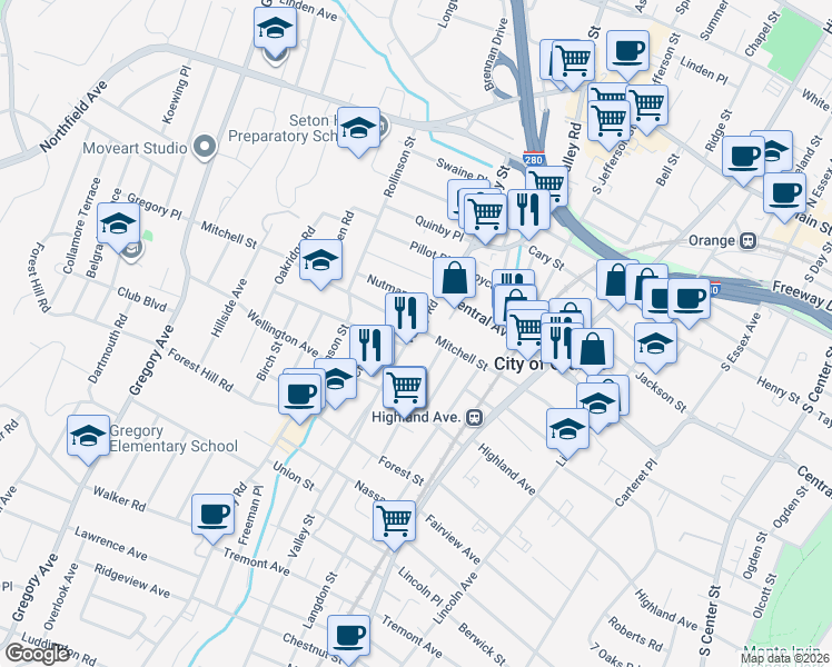 map of restaurants, bars, coffee shops, grocery stores, and more near 527 Valley Road in West Orange