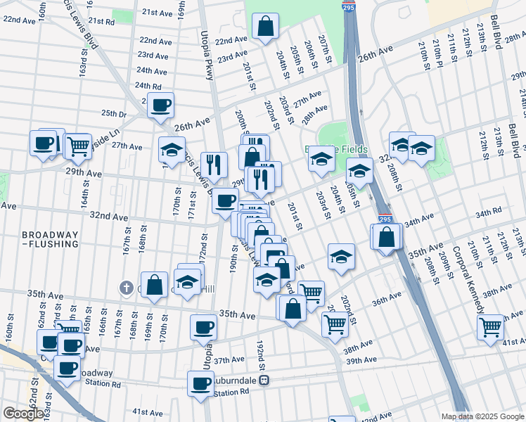 map of restaurants, bars, coffee shops, grocery stores, and more near 2938 200th Street in Queens