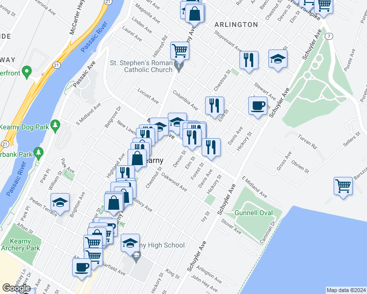 map of restaurants, bars, coffee shops, grocery stores, and more near 150 Midland Avenue in Kearny