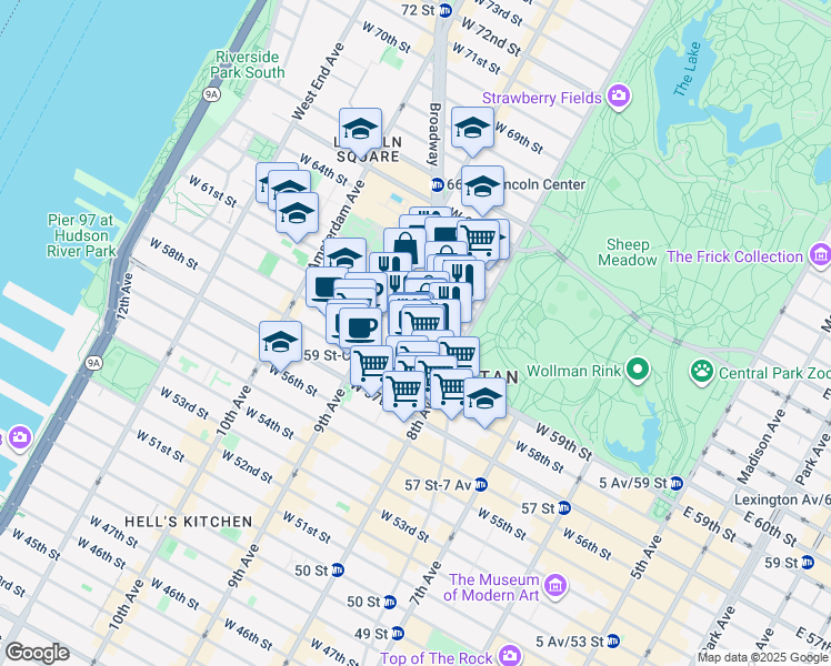 map of restaurants, bars, coffee shops, grocery stores, and more near 15 West 60th Street in New York