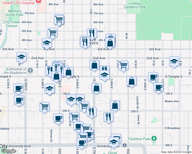 map of restaurants, bars, coffee shops, grocery stores, and more near 1 South 700 East in Salt Lake City