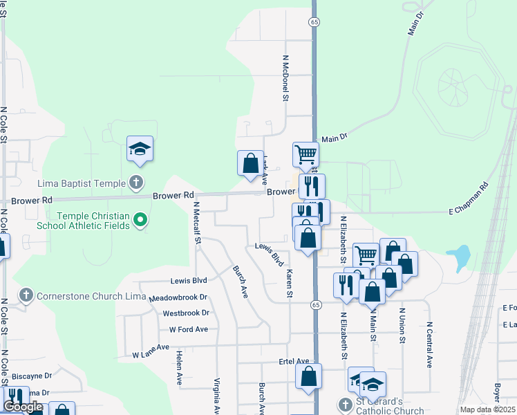 map of restaurants, bars, coffee shops, grocery stores, and more near 531 Brower Road in Lima