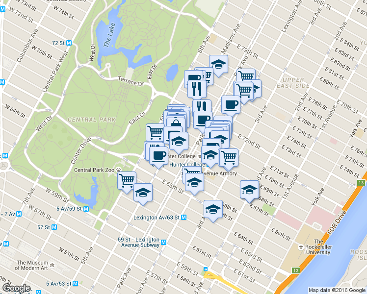 map of restaurants, bars, coffee shops, grocery stores, and more near 42 East 69th Street in New York