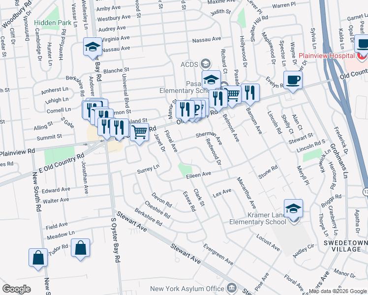 map of restaurants, bars, coffee shops, grocery stores, and more near 9 Sherman Avenue in Plainview